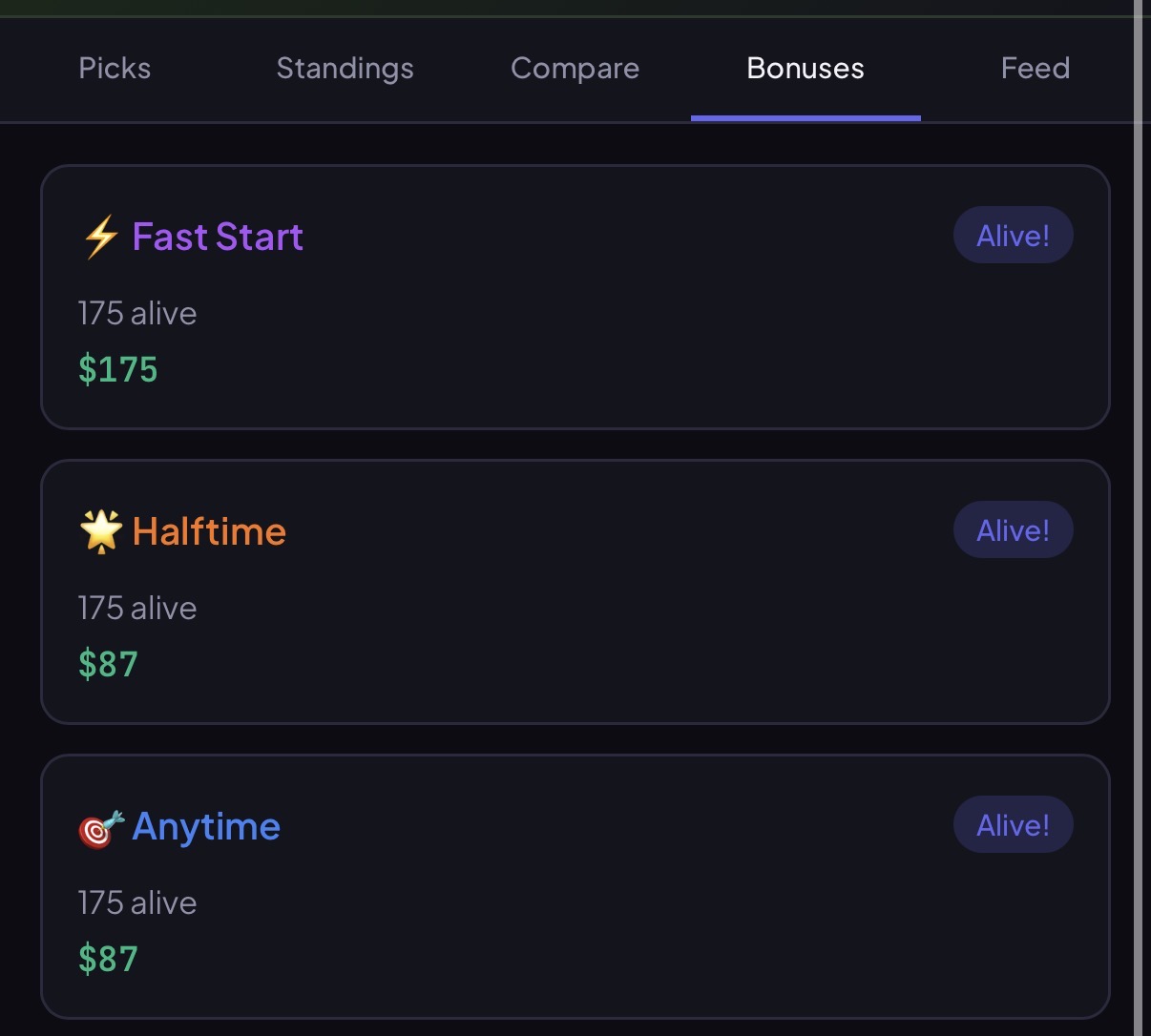 Bonus pools showing Fast Start, Halftime, and Anytime
